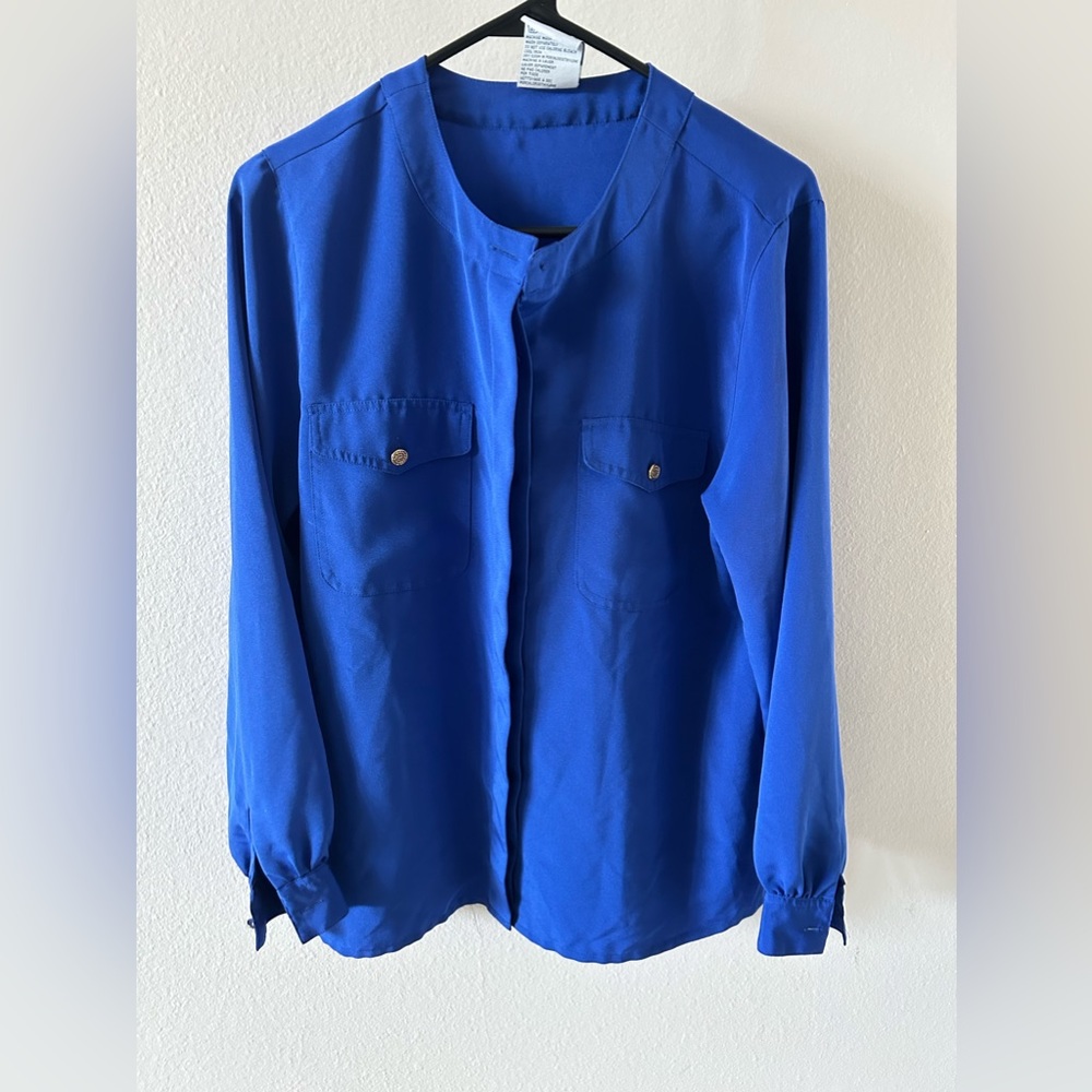Blue Vintage Long Sleeve Blouse - Gold Button - Size Medium